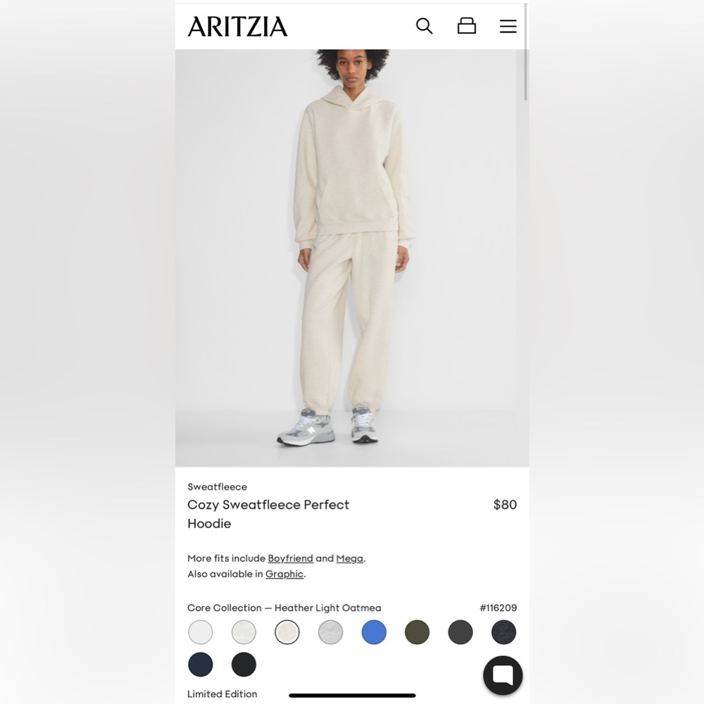 Aritzia perfect fit hoodie sweatshirt cozy fleece fleece light heather oatmeal